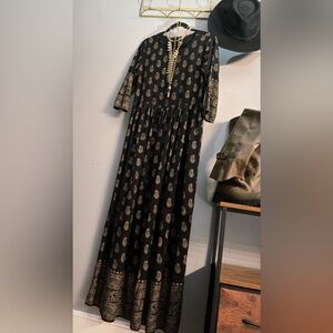 Black Paisley Maxi Dress Rayon Cotton Lined Boho Artisan Print Size M